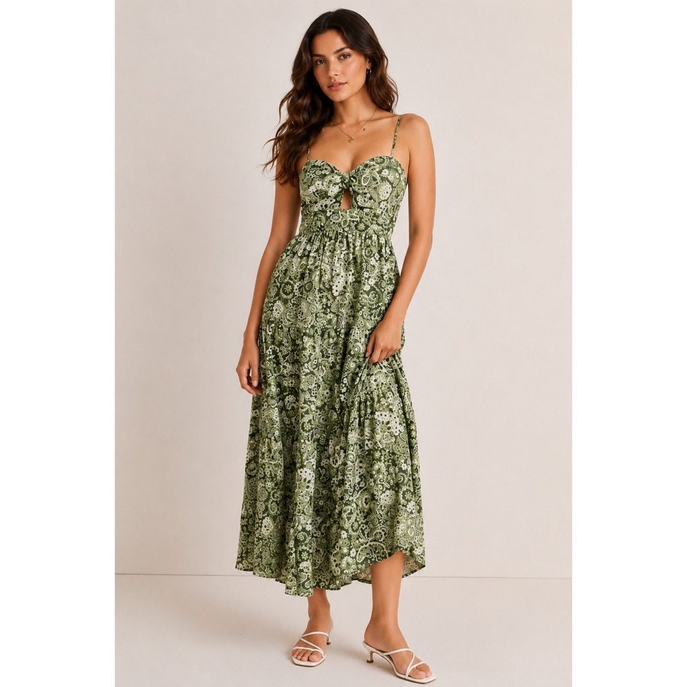 Trixxi Maxi Dress Tiered Tie Front Green M Boho Cottagecore Mediterranean Resort